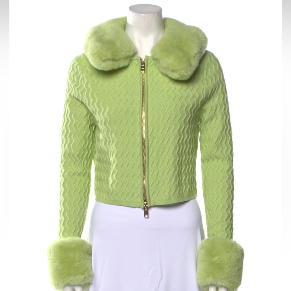 House of sunny green sweater with fur trim